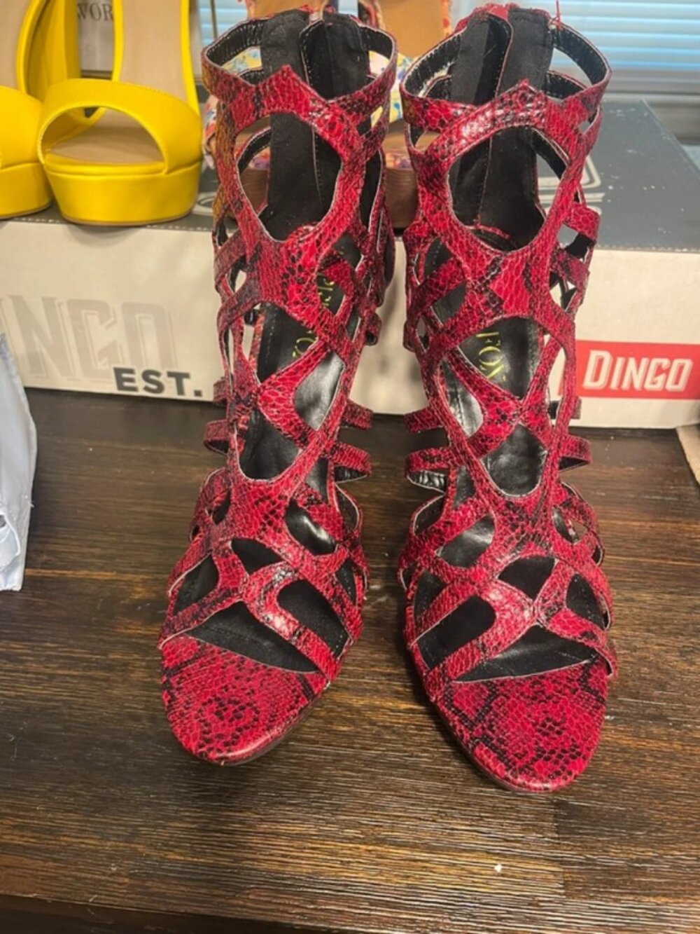 New Paper Fox Linnie caged heels striking red snakeskin pattern and a zippered b